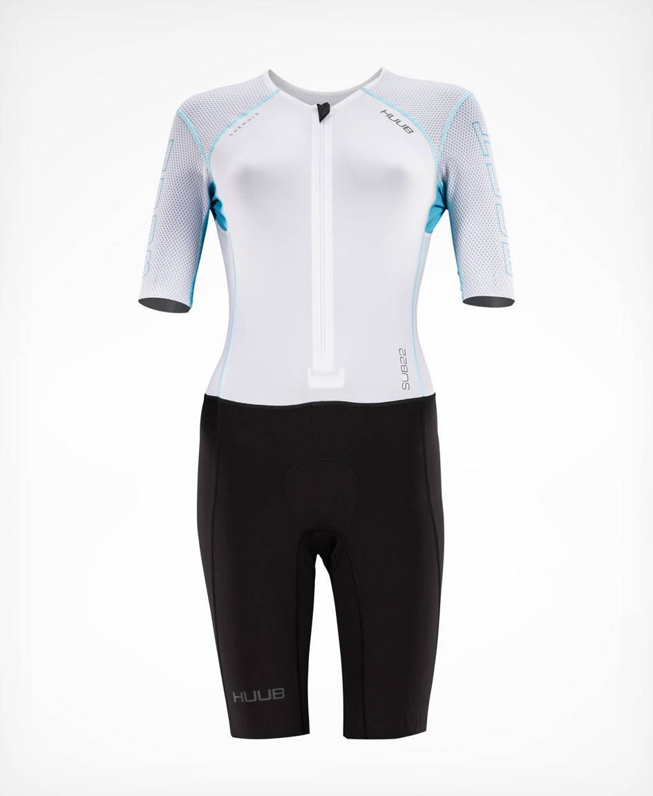 HUUB Anemoi 2 SUB22 Aero Tri Suit Women White Aqua – speed suit, optimal aerodynamics for triathlon racing below 22mph.